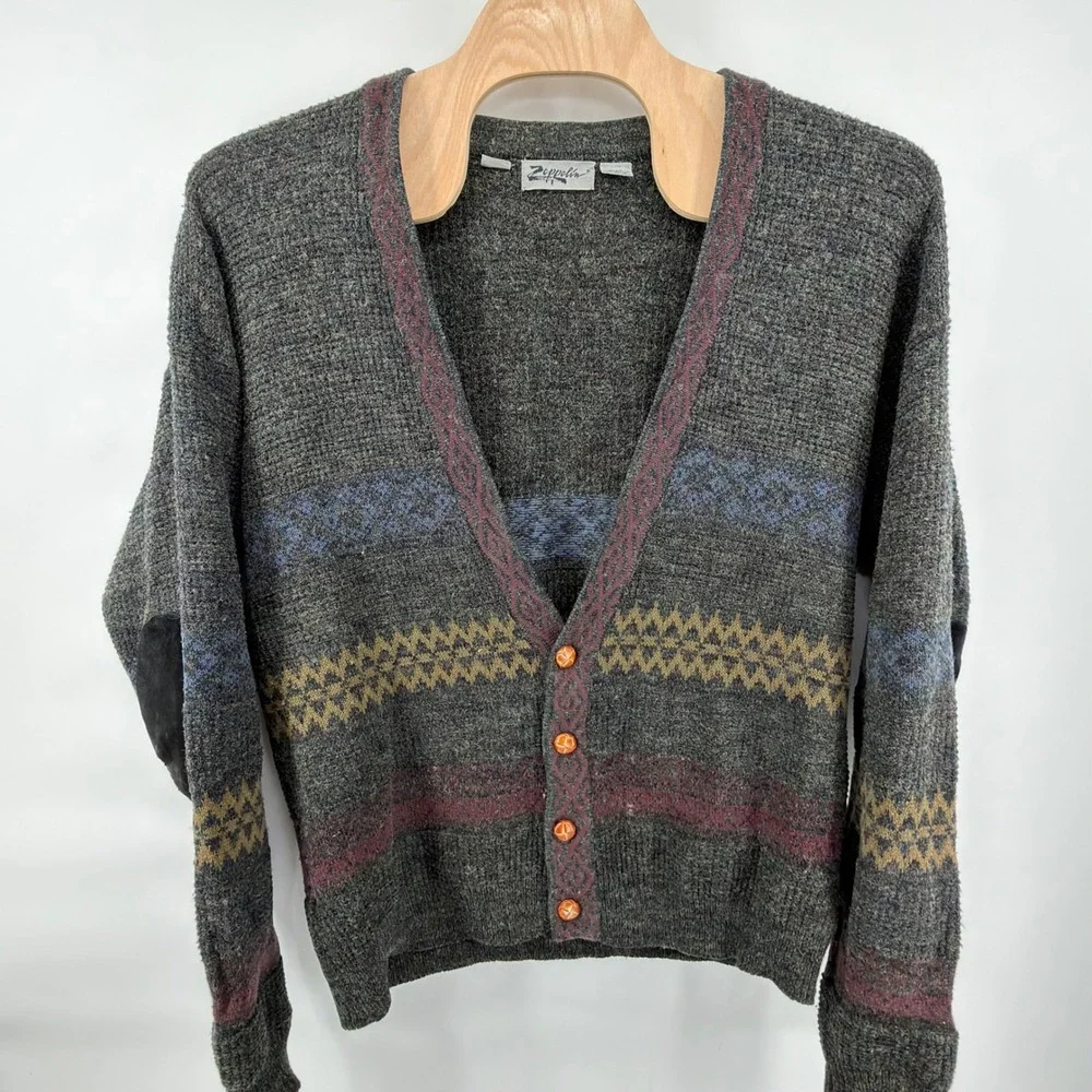 Zeppelin Cardigan Mens XLXT Gray Burgundy Blue Yellow Fair Isle Elbow Patches